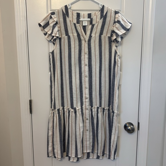Cynthia Rowley Linen Striped Button Front Ruffle Dress Medium Resortwear Summer - Picture 6 of 12